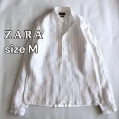 美品 ZARA 麻100% ストライプ プルオーバー 長袖シャツ M ホワイト