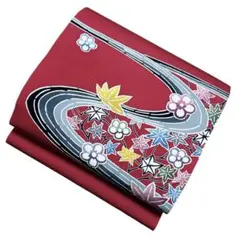 ユ188名古屋帯 紅型　流水花 正绢 着物帯　仕立て上り美品