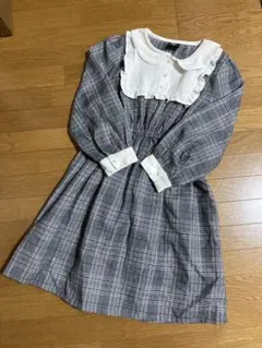 グレー系チェック ワンピース フリル襟　130