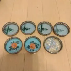 【アンティーク】ガラスコースター 昭和レトロ ガラス絵 花柄　笹 古民具 古道具