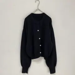 【Re:EDIT/リエディ】ニットカーディガン　ショート丈【L】パールボタン　黒のサムネイル