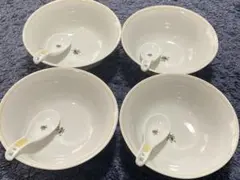 花柄陶器丼 4個セット　レンゲ付き