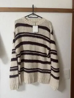 ZARA アイボリー ダークブラウン ストライプ セーター