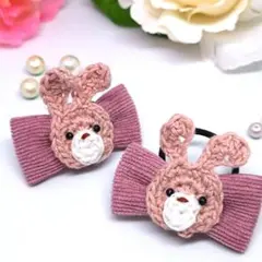 ハンドメイド　キッズ　リボンヘアゴム　✾うさぎ　くすみピンク✾35
