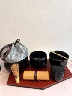 野点かご　抹茶碗２点　携帯用茶道具