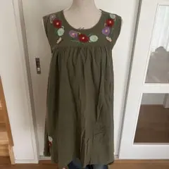 花柄刺繍 ノースリーブ チュニック カーキ　平成のサムネイル