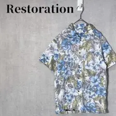 Restoration　ハイビスカス柄　アロハシャツ　半袖　ブルー系　サイズMのサムネイル