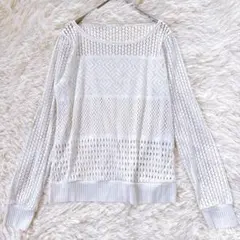 美品 クレージュ 透かし編みメッシュニットトップスホワイト 長袖 ニット 透け感