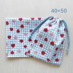 ☆給食セット 巾着&ランチョンマット いちご＊ブルー＊両紐5