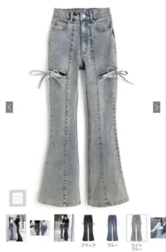 GRLサイドカットアウトリボンフレアデニムパンツ　cu578 ライトブルー　M