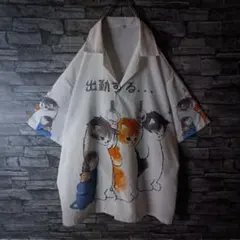 出勤中のネコさんのアロハシャツ ビッグロゴ オープンカラー ゆるダボ かわいい