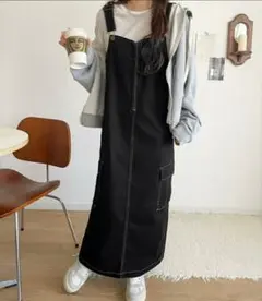 綿100％配色ステッチロング丈ジャンパースカート