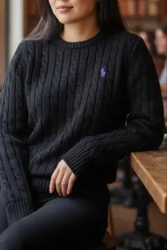 美品ポロラルフローレンケーブルニットセーター ブラック×パープルポニーL