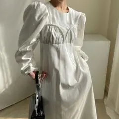 韓国風 ハイウエスト マキシワンピース ホワイト パフスリーブ ロングワンピース