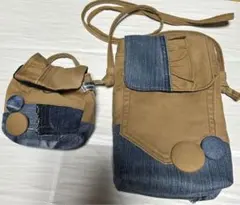 デニムハンドメイド　リメイクバッグ　 ショルダーサコッシュ　巾着バック2点セット