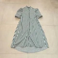 ZARA ストライプ シャツワンピース グリーン パフスリーブ 大人カジュアル