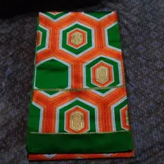 袋帯六通柄 八角形模様 緑オレンジ