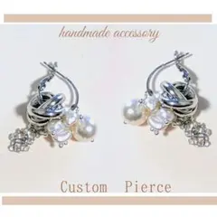 ハンドメイド カスタムピアス 淡水パール×パール フープ サージカルステンレス