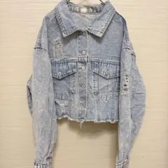 デニムジャケット（XS）ダメージ加工 クロップド丈 Gジャン ライトブルー