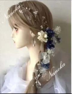 銀箔付き♪ブルー系髪飾り♪ドライフラワー♪成人式♪卒業式♪チュール♪ヘッドドレス