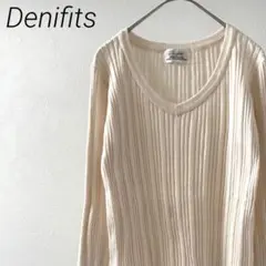 Denifits リブニット セーター 長袖 Vネック シンプル ストレッチ