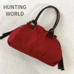 ★HUNTING WORLD★ナイロン×レザー ハンドバッグ赤 絞りロゴプレートのサムネイル