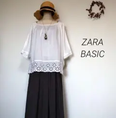 ZARA 【美品】ラミー混 カットワークレース ギャザーブラウス ホワイト Sのサムネイル