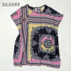 大きいサイズ3L【SILEARE】総柄レーヨンチュニック ワンピース 紺ピンク