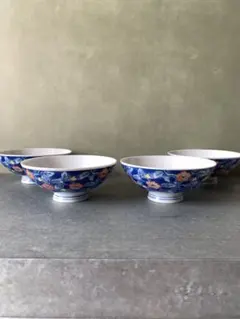 久峰造 青色花柄陶器飯碗4個セット