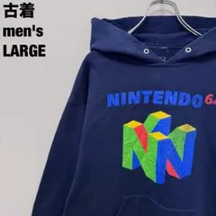 古着 Nintendo 64 パーカー 任天堂 プルオーバー プリント 紺 L