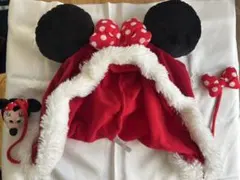 ミニーマウス 耳付きフリース帽子 ぬいぐるみ付き