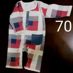 レッド×ブルー チェック ロンパース 70cm