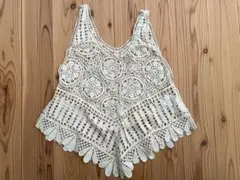 【ビーチウェア】アイボリー レース編み タンクトップLサイズ