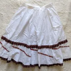 レトロ ホワイト フレアスカート ブラウン装飾