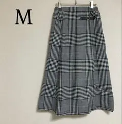 千鳥柄 ロングスカート フレアスカート ウール入り M 白黒 ウエストゴム 上品