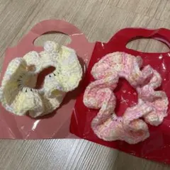 シュシュセットハンドメイド　かぎ編み　編み物　毛糸　ヘアゴム　マーブル模様