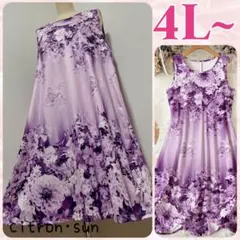 新品✿4L~”パープル お花柄 ノースリーブ ワンピース 大きいサイズレディース