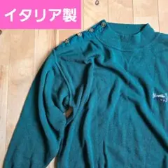 ​希少・イタリア製　ヴィンテージ ウール混 ニット セーター 深緑 刺繍ロゴ L