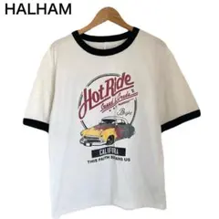 ハルハム　リンガーTシャツ　車　アメカジ風　プリント　半袖　丸首　ホワイト　S