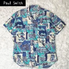 ポールスミス Paul smith アロハシャツ 半袖シャツ 総柄 ブルーわL