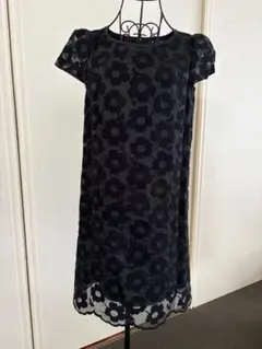 MS GRACY 花柄刺繍 ワンピース ネイビー ボリューム袖 フレア ミディ丈