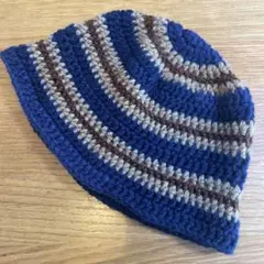 クロシェハット　クラッシャーハット　ビーニー　ハンドメイド　男女兼用　ネイビー茶