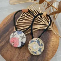 インド刺繍/くるみボタンヘアゴム/2個セット