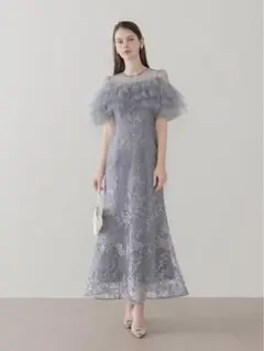アシンメトリーチュールフリルスパンコールIラインワンピースドレス
