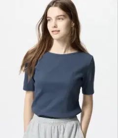 UNIQLO ユニクロ　リブボートネックT 五分袖 XL ブルー