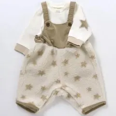 新品 未使用 ベージュ 星柄 フリースオーバーオール もこもこ