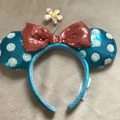 【海外限定】ディズニー カチューシャ ミニー スパンコール ブルー 水玉 お花