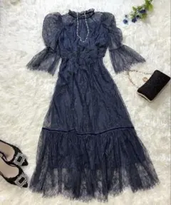 ルイルエブティック レース ティアードワンピースドレス 結婚式 ダスティーブルー