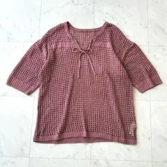 ローリーズファーム 透かし編みニット 半袖 F くすみワインレッド リボンのサムネイル