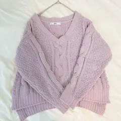 GRL ケーブル編みVネックニット モールニット風 くすみピンクパープル M